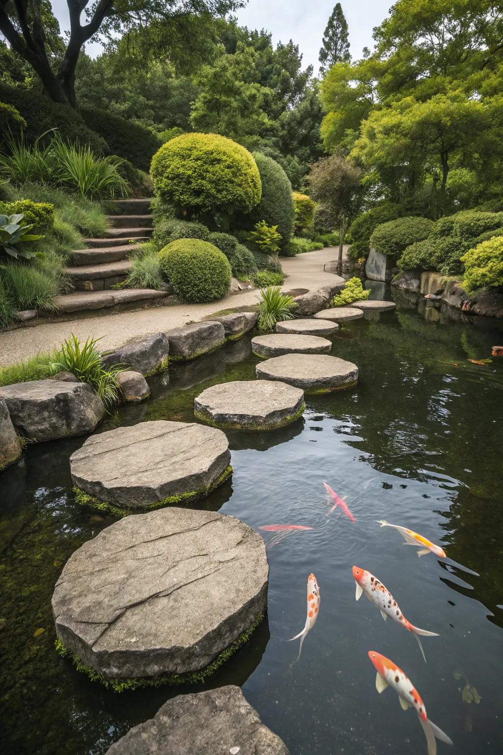 Charming stepping stones float over a calm koi pond.