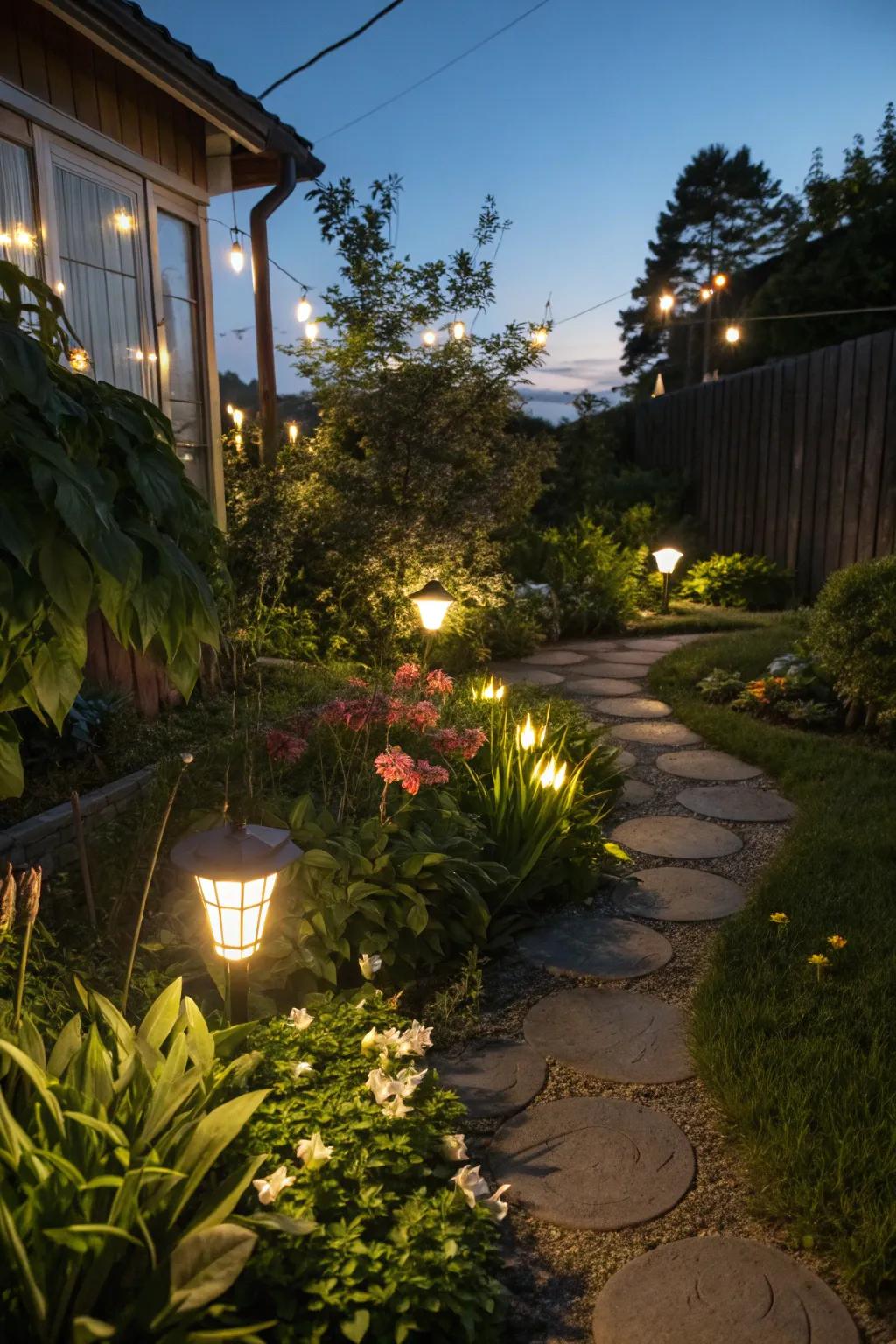 Garden lighting creates a warm and inviting atmosphere after dark.