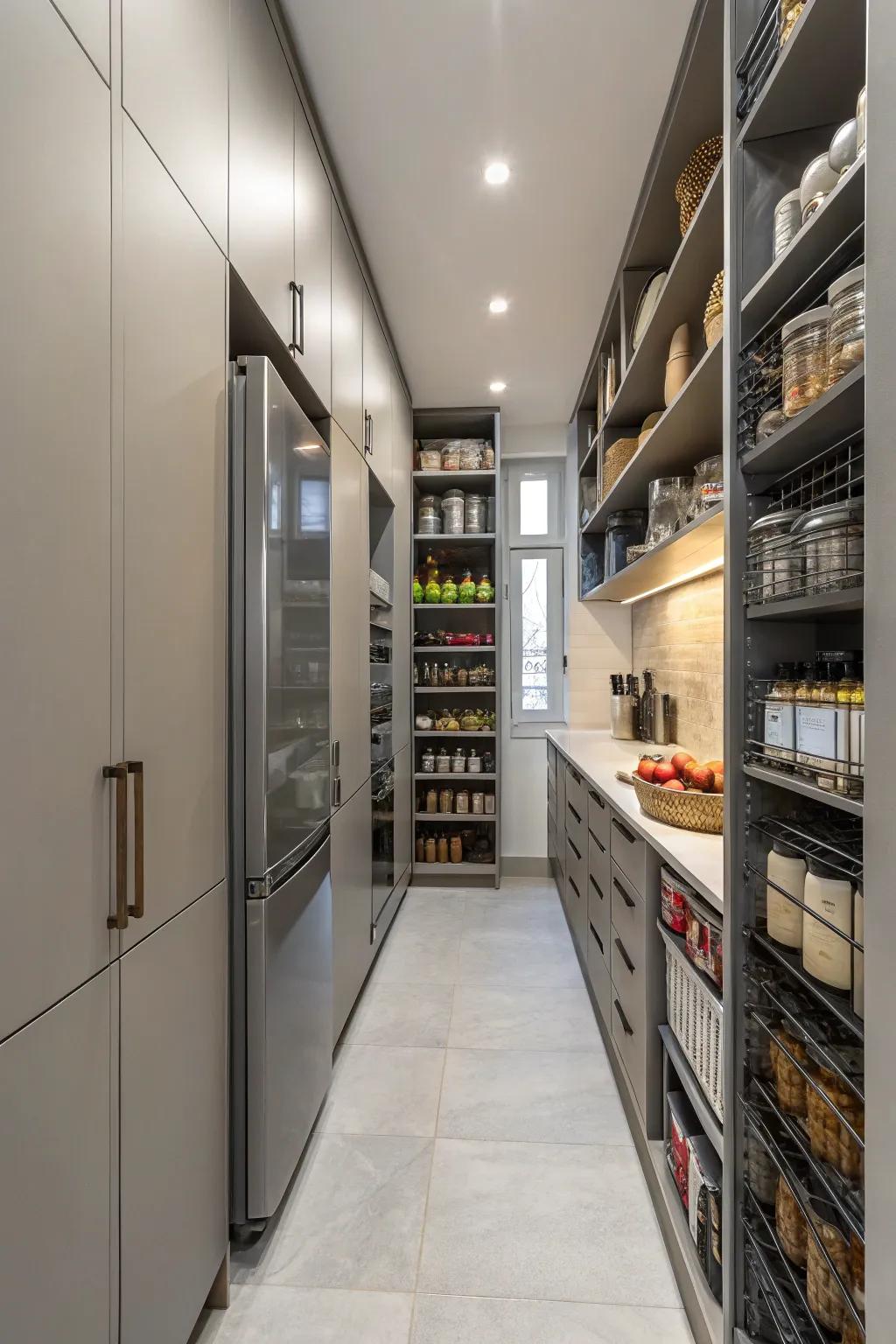 Vertical storage makes the most of space in this slender kitchen.