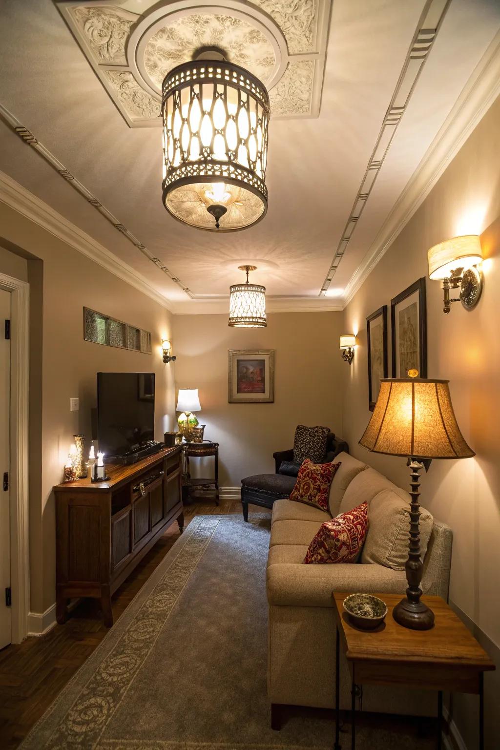 Layered lighting creates a warm and inviting atmosphere.