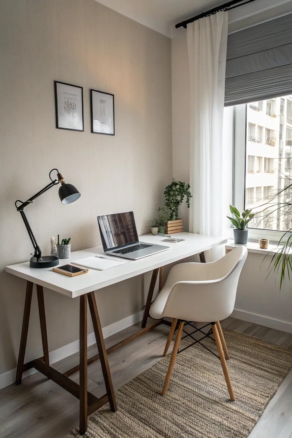 A minimalist office space featuring a sleek desk design.