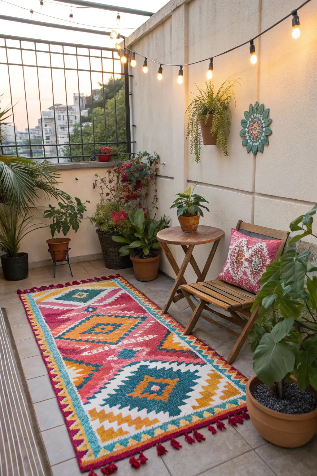An outdoor rug brings color and comfort to your small space.