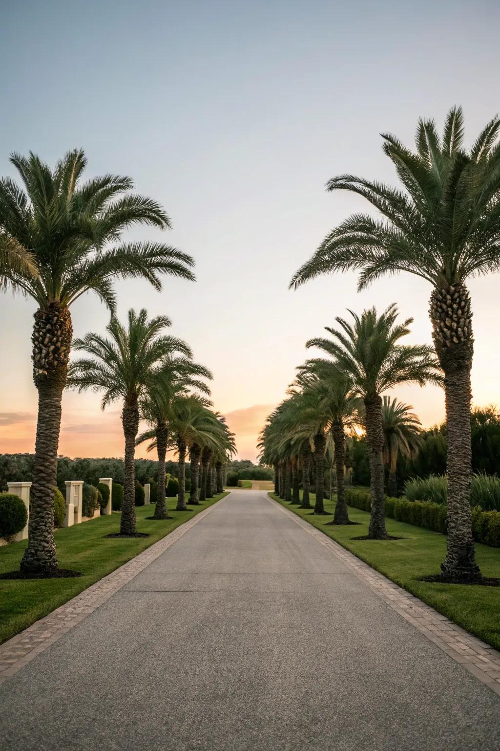 Symmetrical palm placement creates a balanced and inviting entryway.