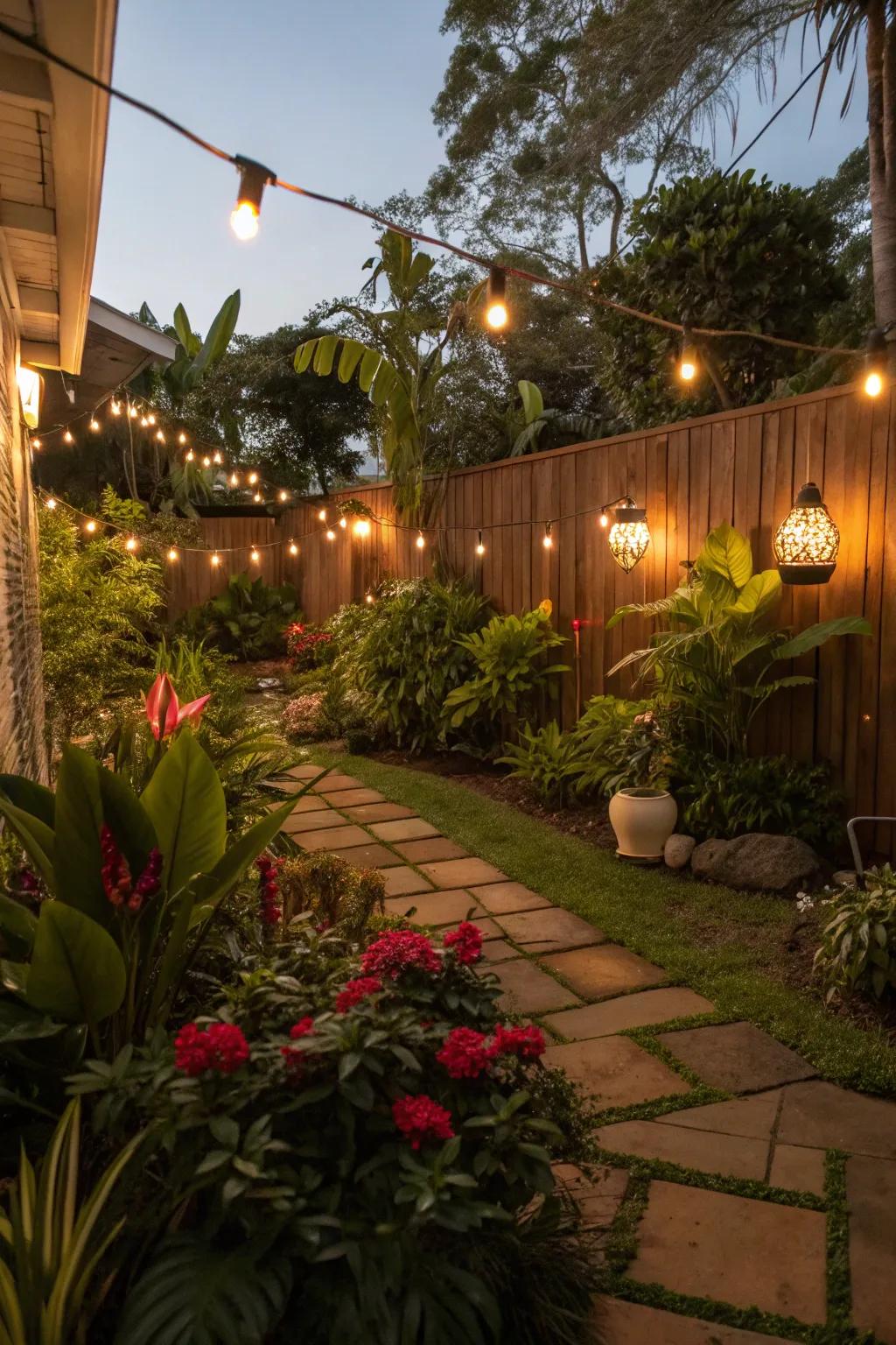 Soft illumination establishes a tropical mood within a snug garden setting.