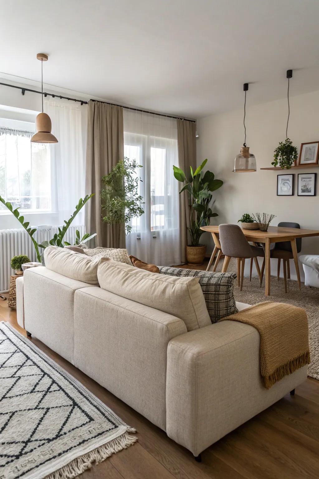 A backless sofa cleverly divides an open-plan small living room.