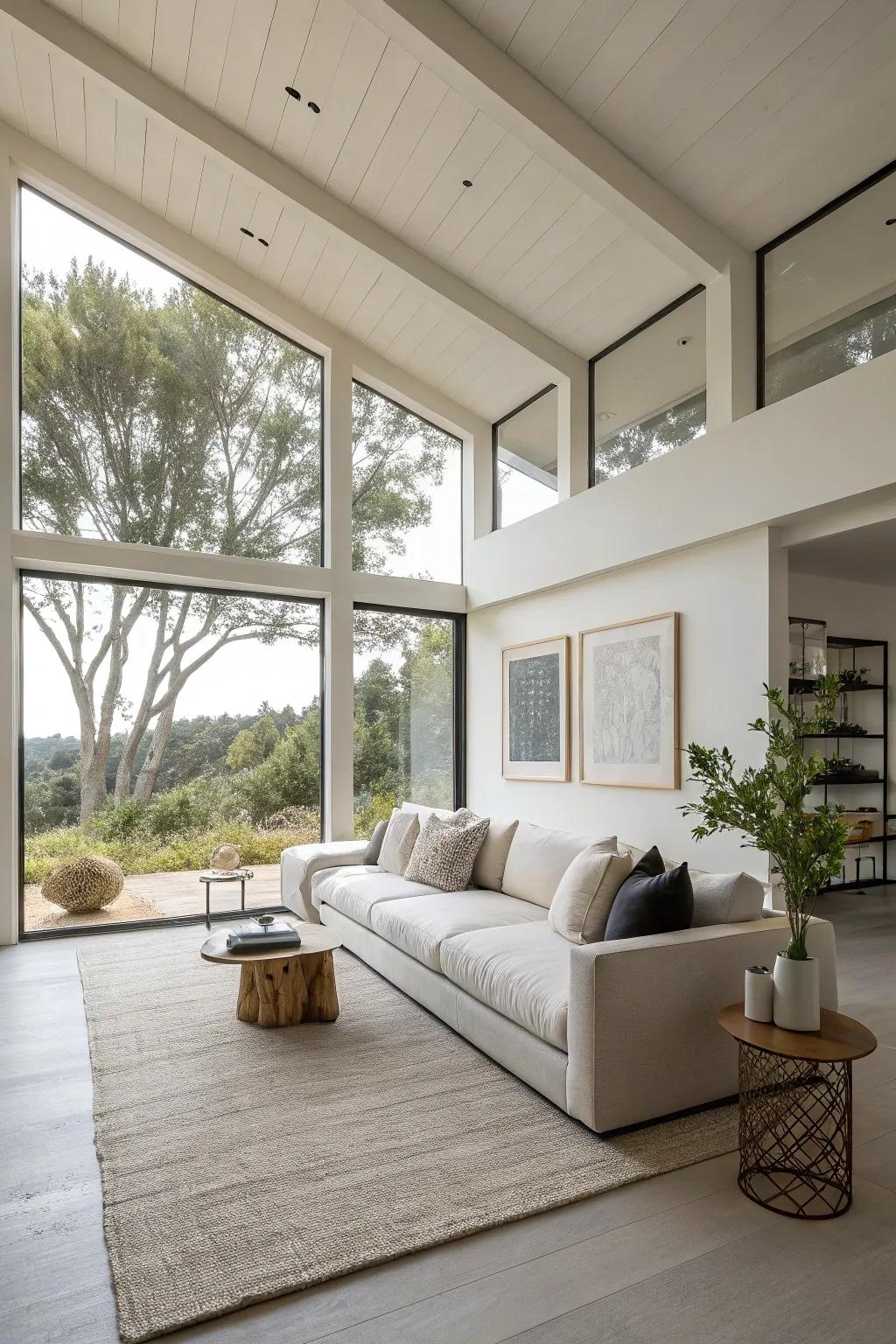 Minimal silhouette sofas create an airy and open living space.