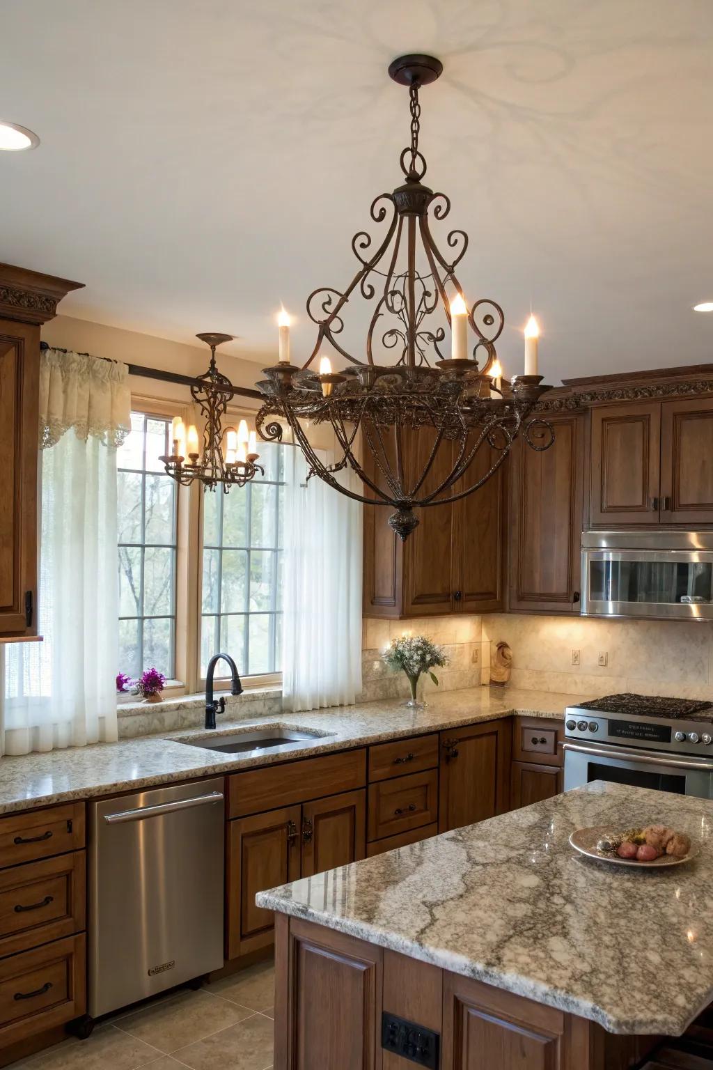 Wrought iron lighting adds rustic elegance to the space.