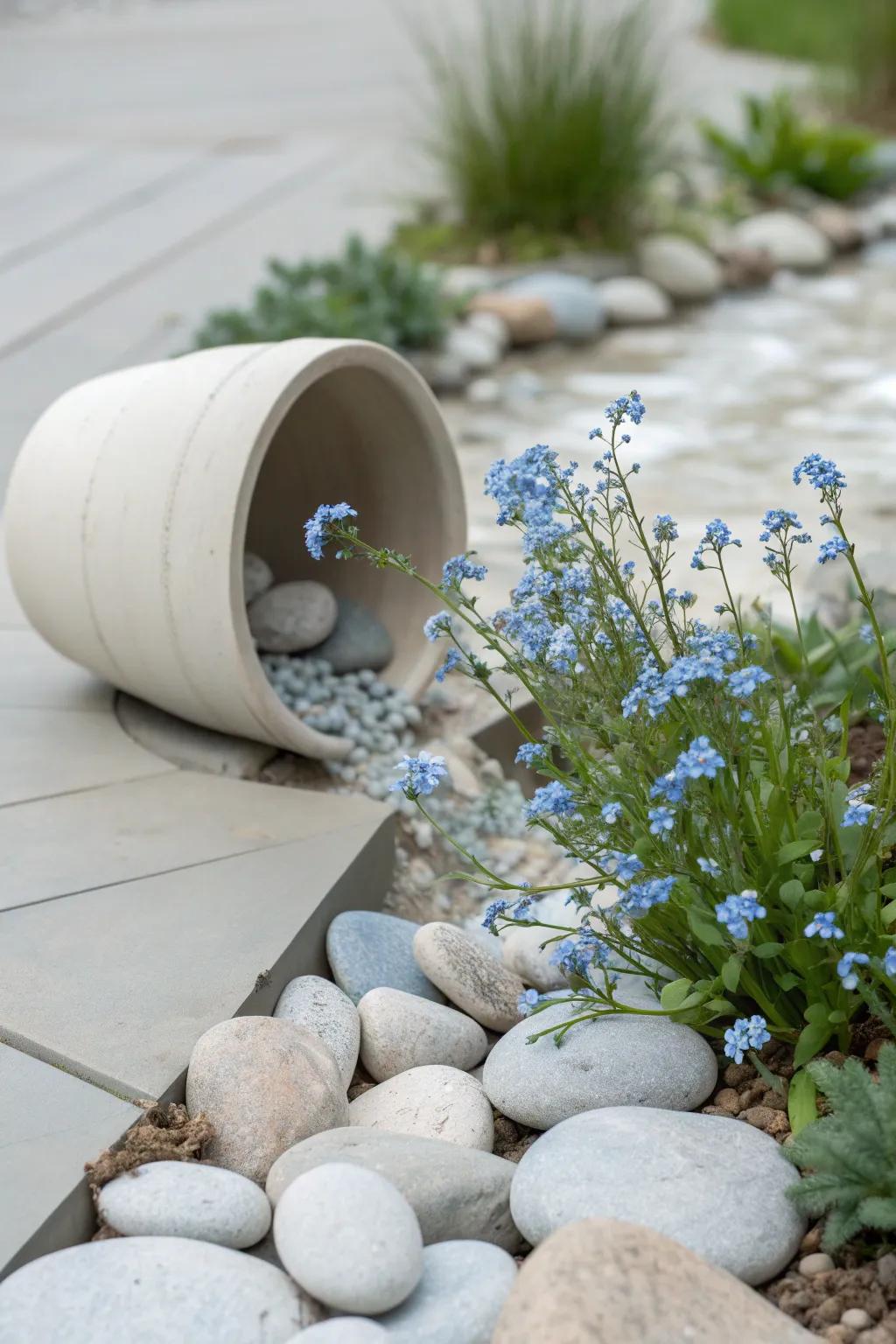 Transform your garden with a pebble river effect and delicate forget-me-nots for a touch of serene beauty.