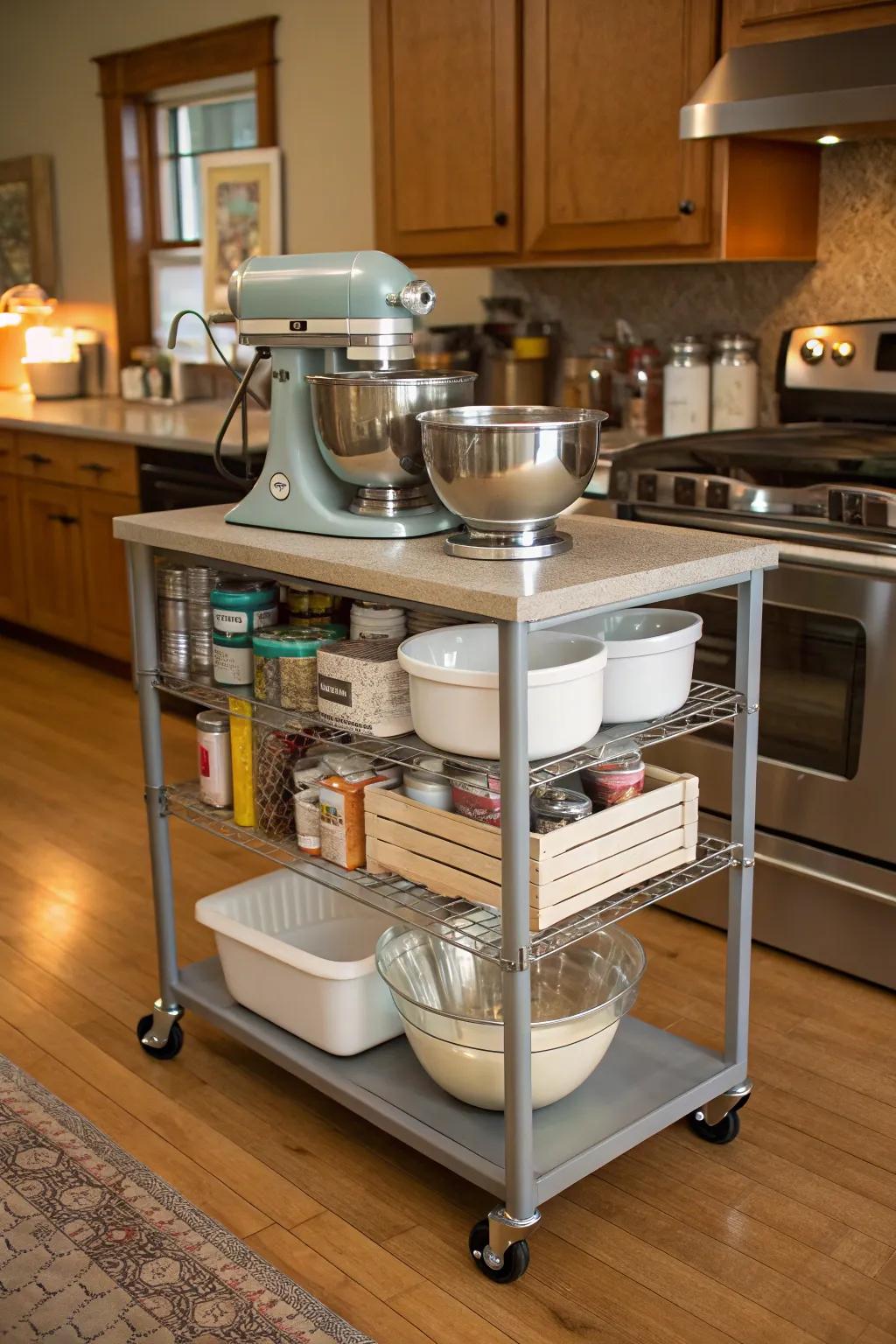 Portable practicality: A rolling cart that keeps your mixer on the move