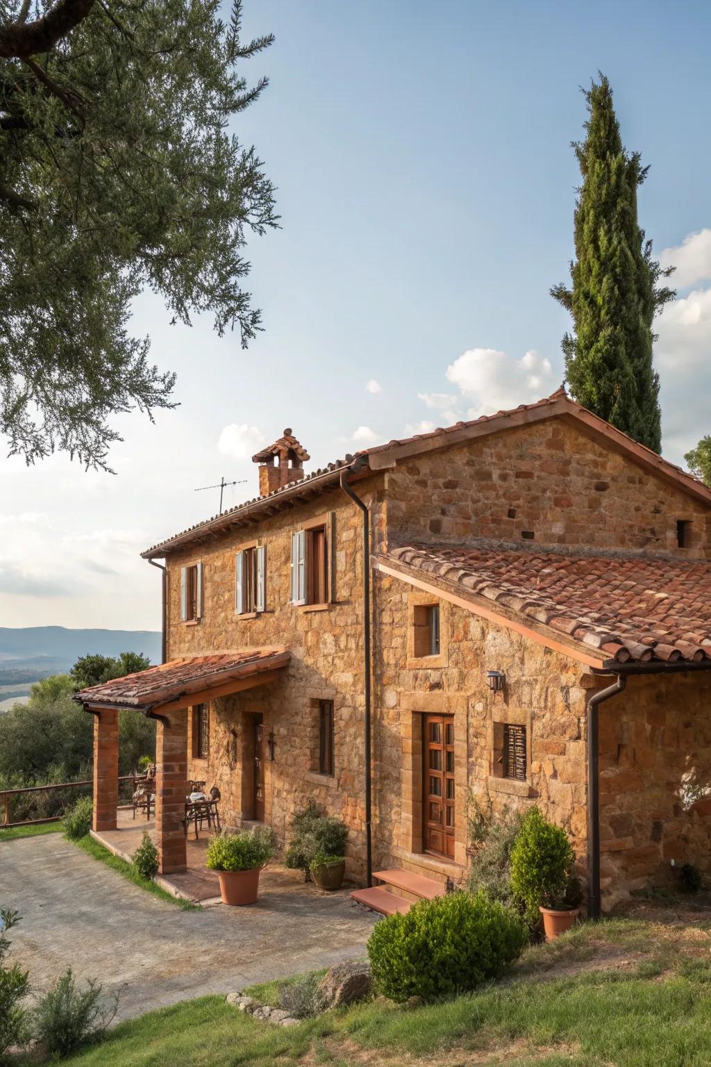 Rustic warmth with terracotta brick and sandstone.