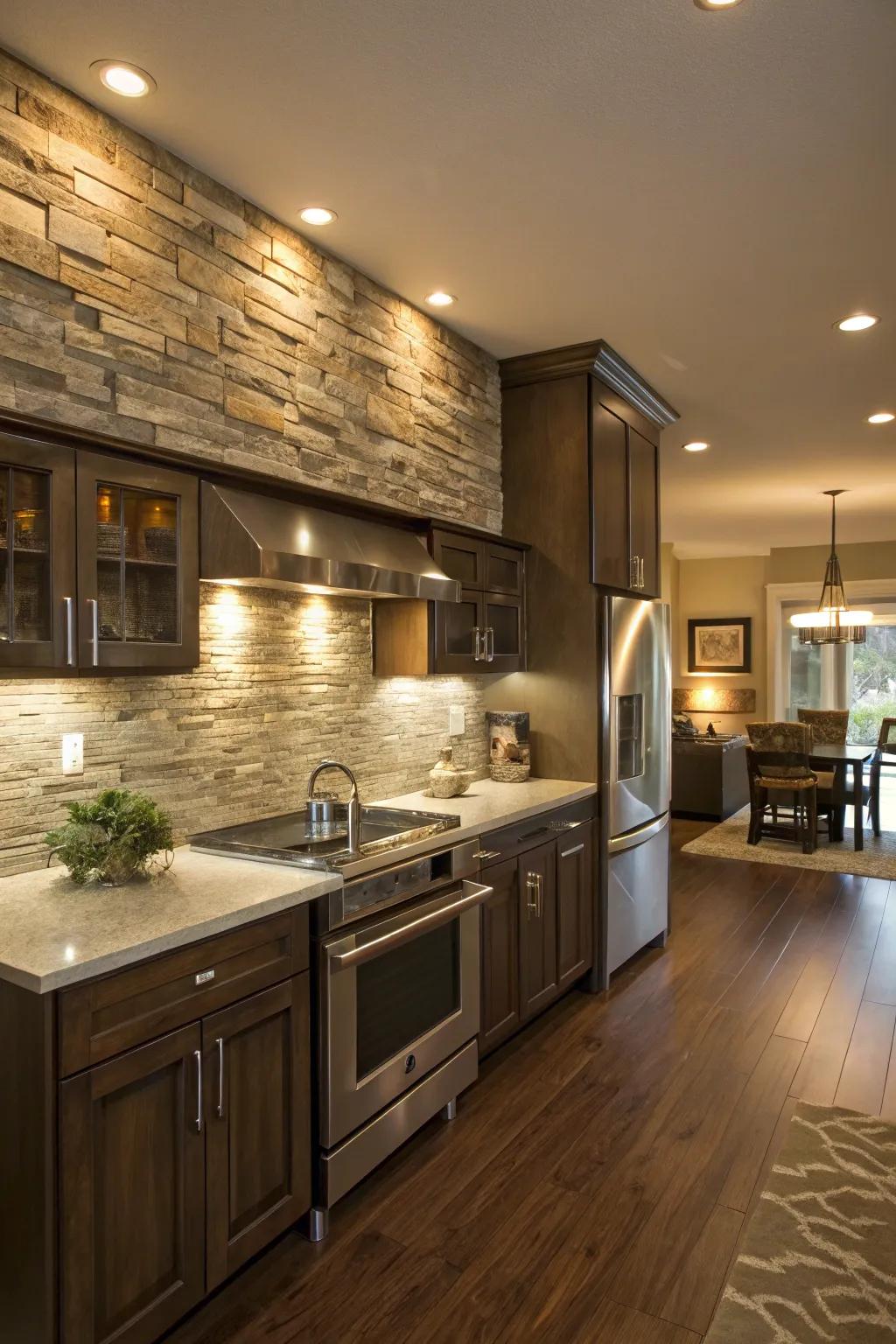 Under-cabinet lighting enhances the textures of the stone backsplash.