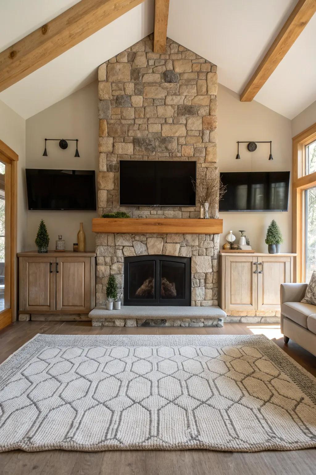 Amplify the viewing gratification through paired displays enhancing your striking stone hearth. #TVSetup #InteriorDesign