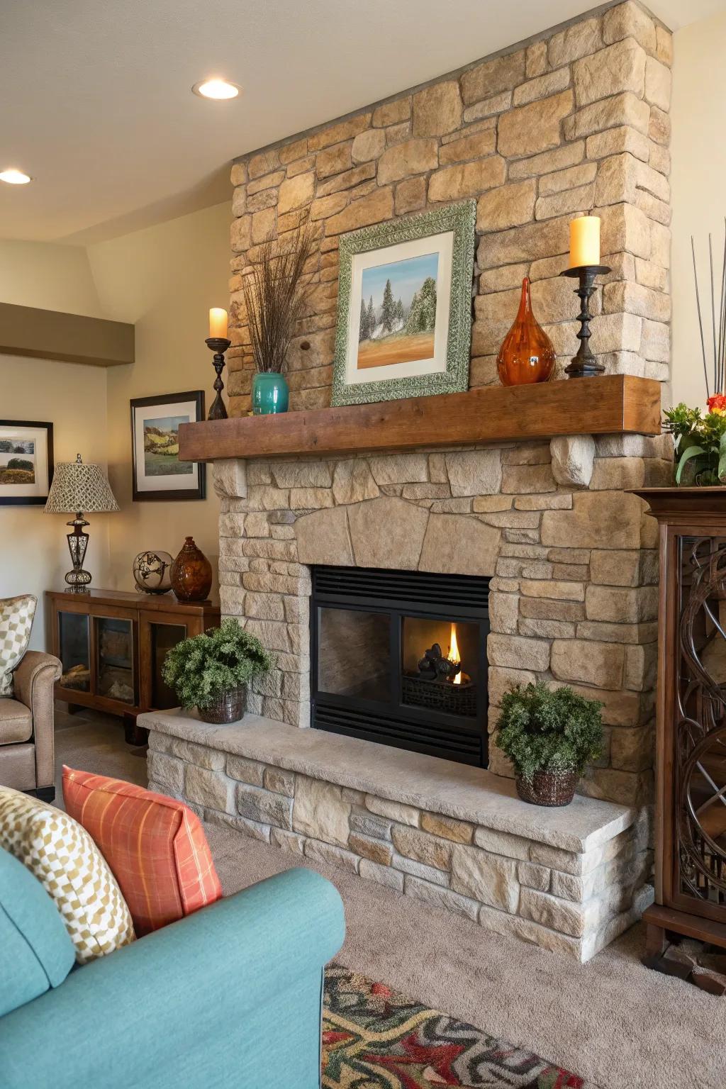 A creative space featuring a stone fireplace with an artistic mantel display.