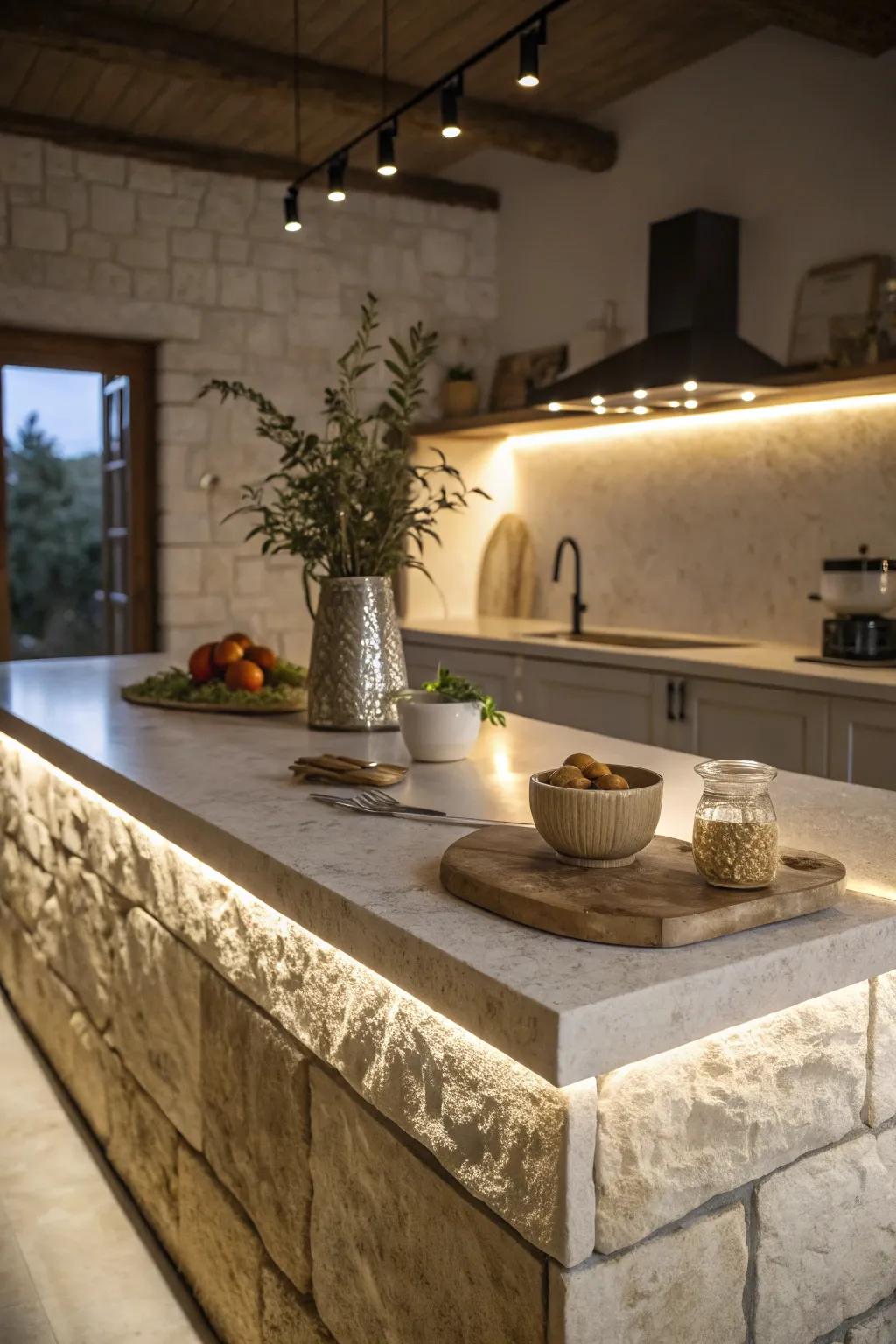 A stone kitchen island enhanced by strategic ambient lighting.