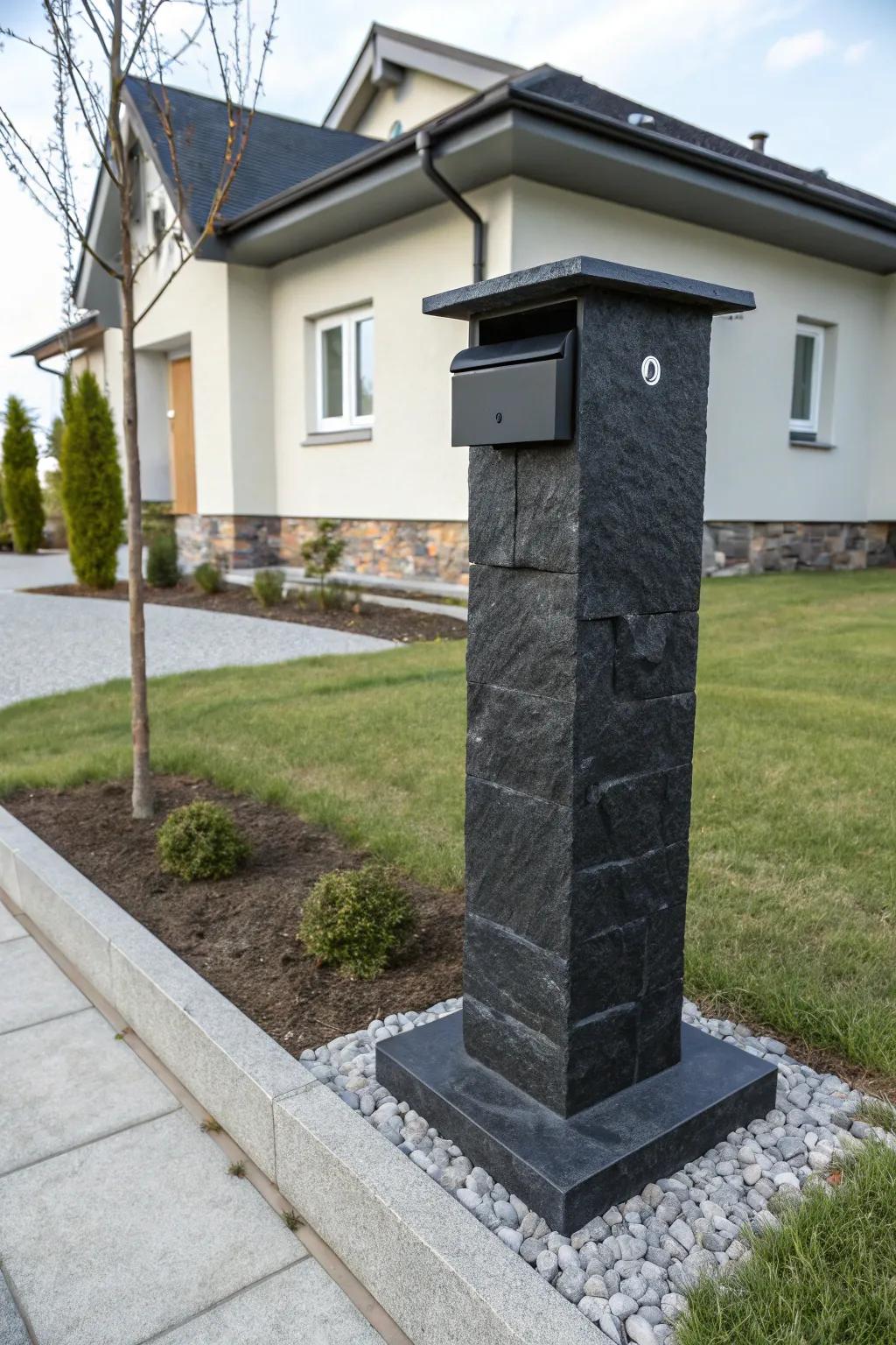A striking obsidian mailbox pillar making a bold impression.