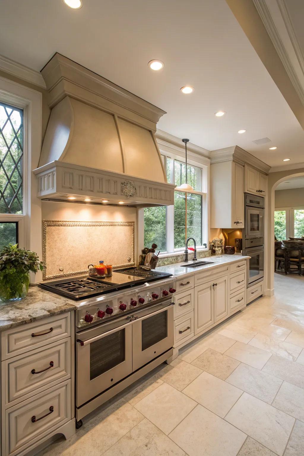 A functional stove alcove with ample counter space, designed for efficient and seamless cooking.