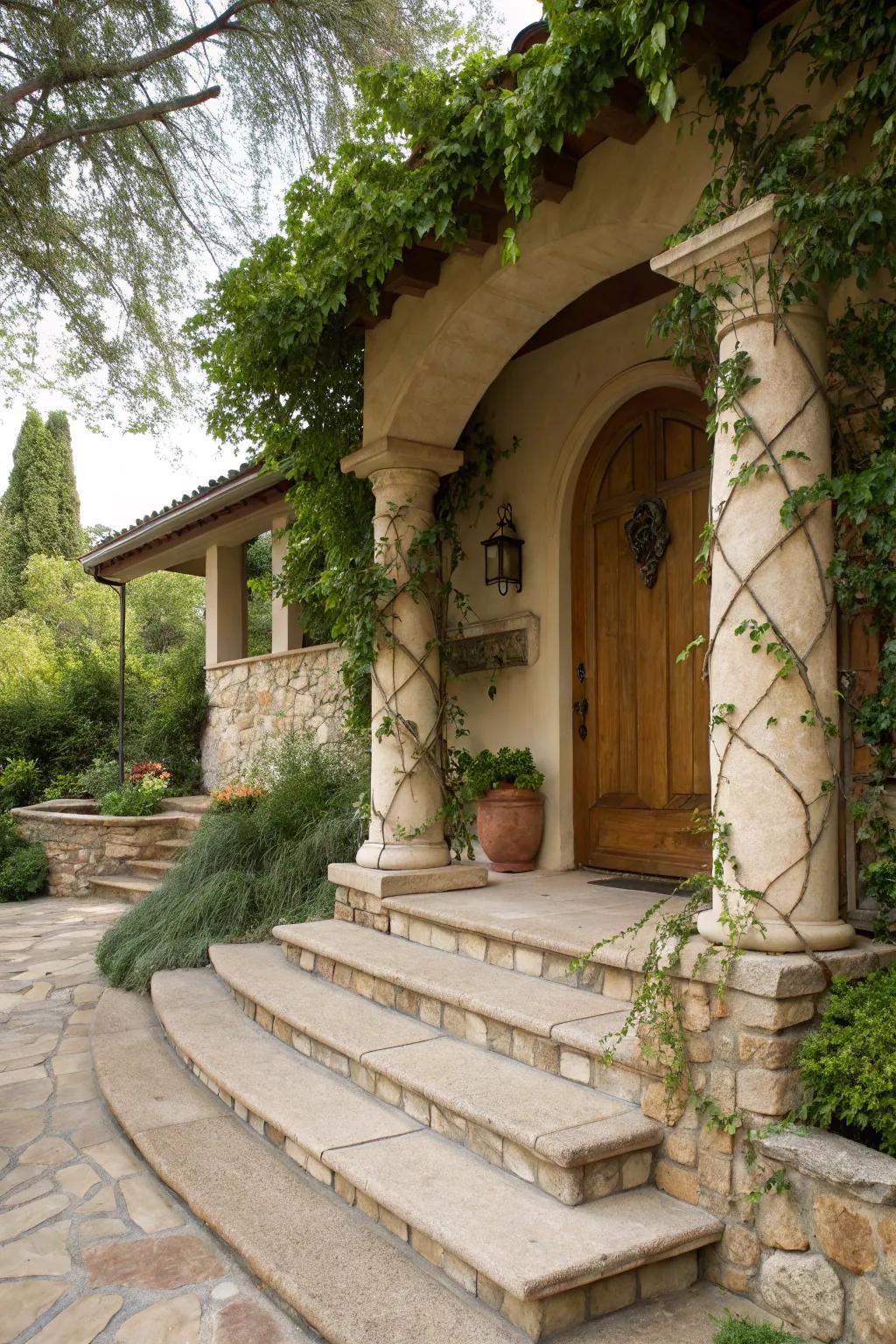 The elegance of this stucco porch is enhanced by natural stone accents.