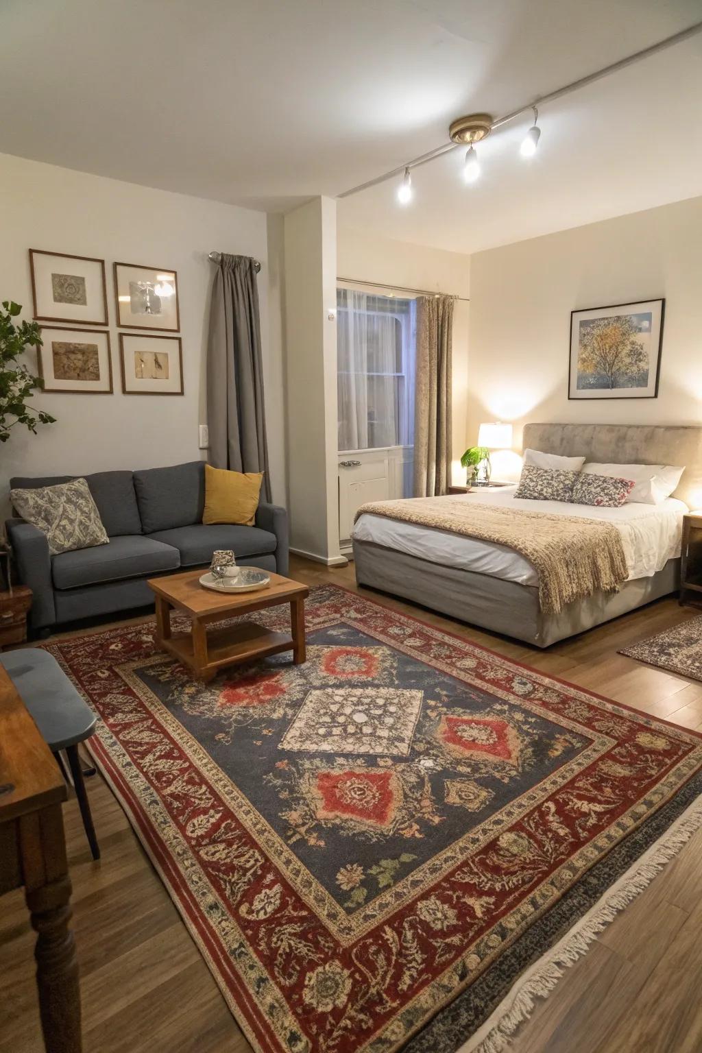 Rugs define spaces, adding warmth and structure to the layout.