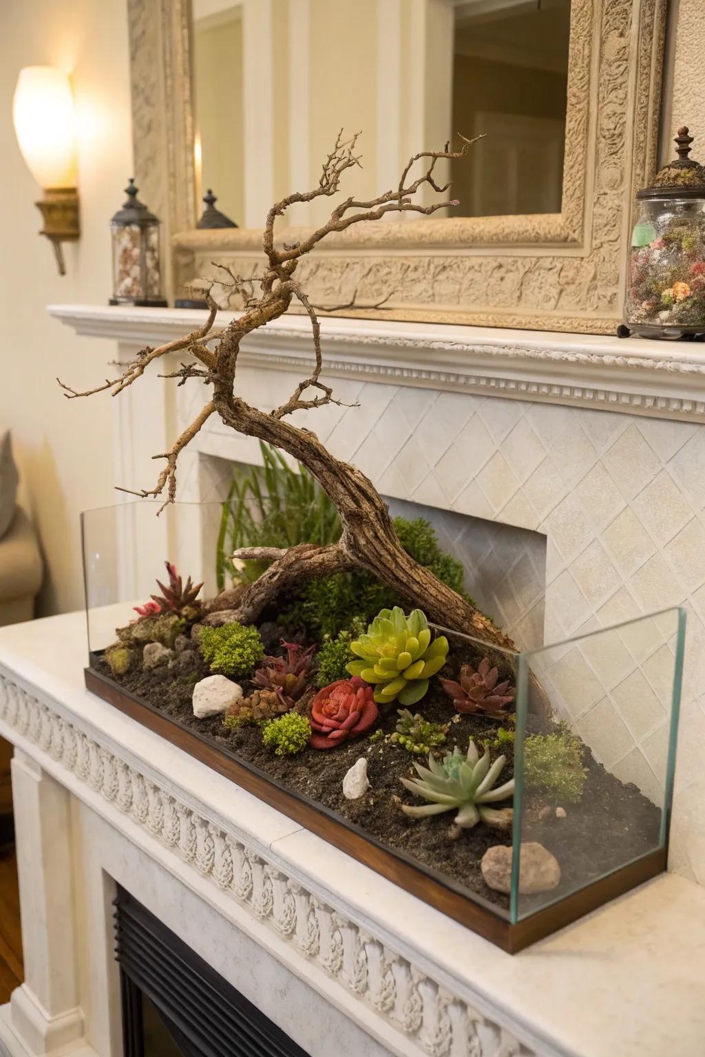 An artistic touch with a twisted branch terrarium.
