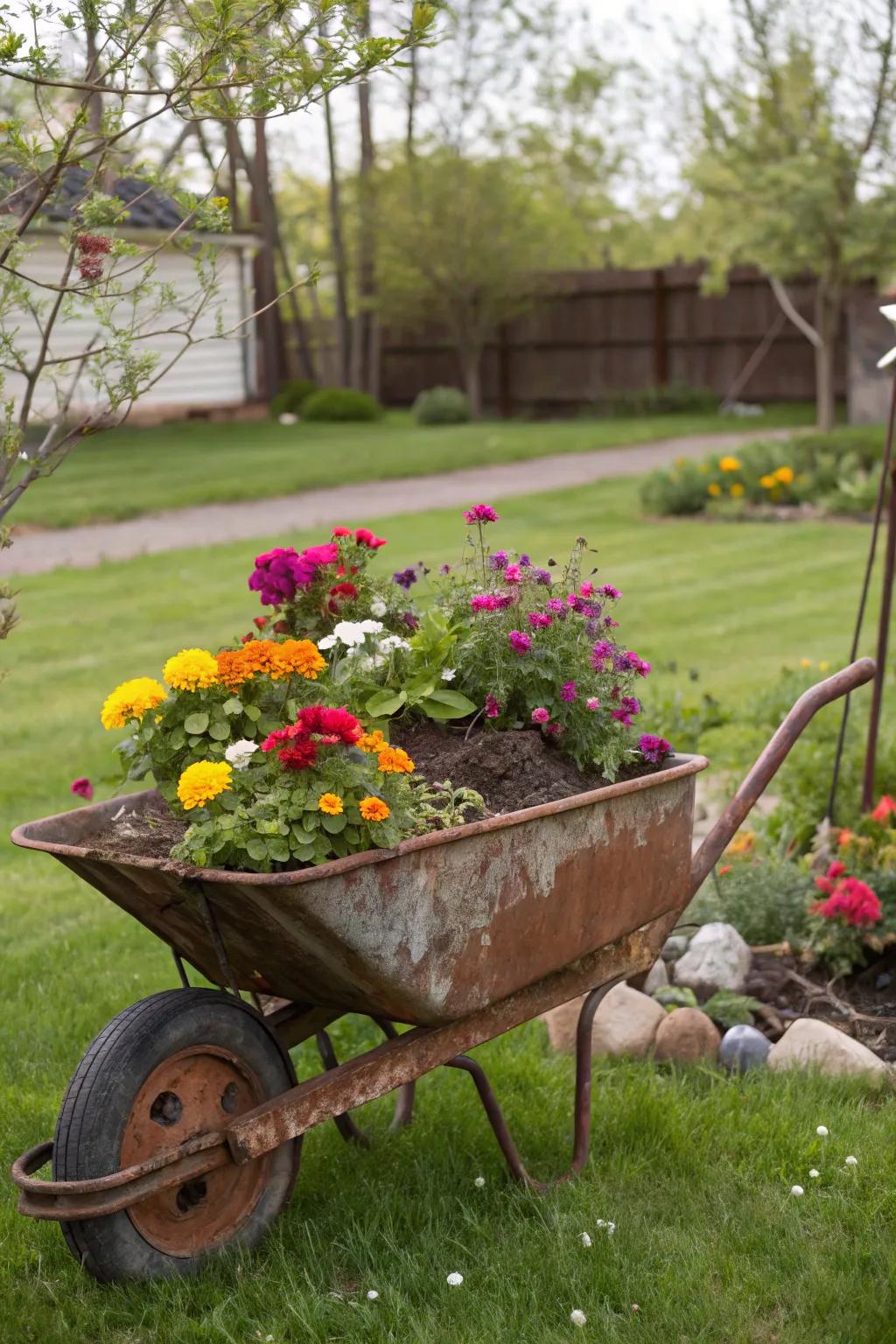Barrow container brimming with colorful flowers
