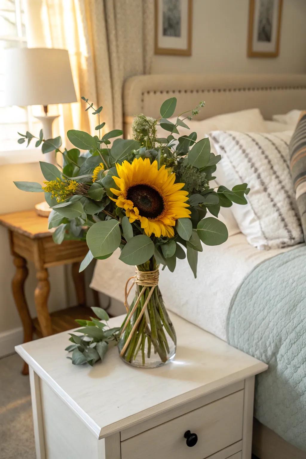 Design a tranquil ambiance with sunflowers and eucalyptus.