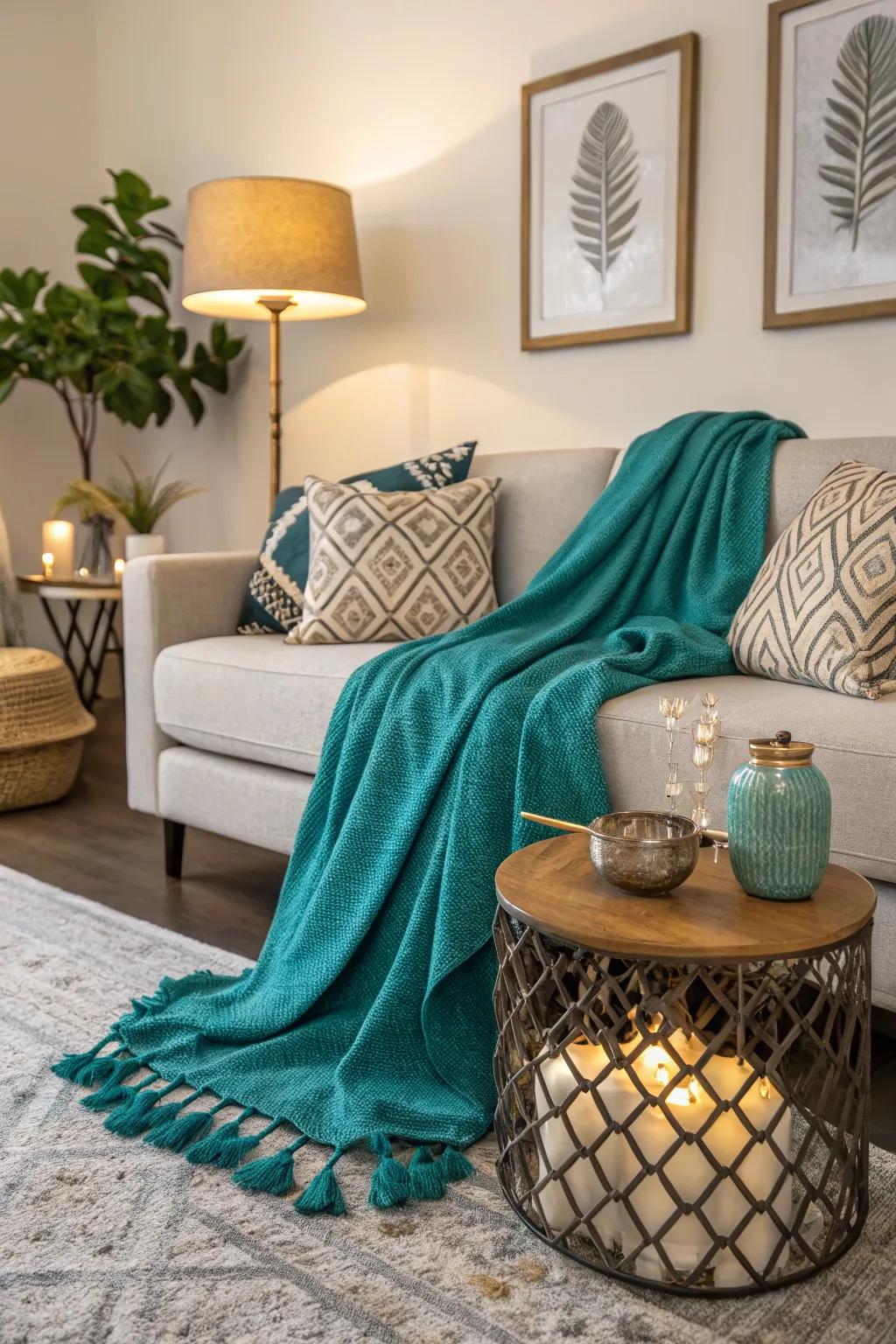 A teal throw introduces warmth and texture to this inviting living room.