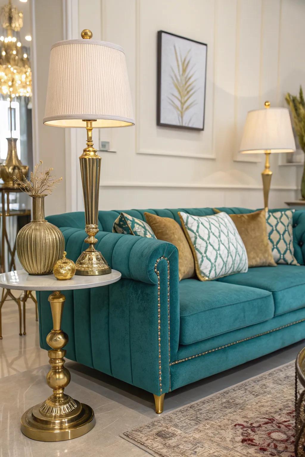 Metallic accents add a touch of glamour to a teal sofa setting.