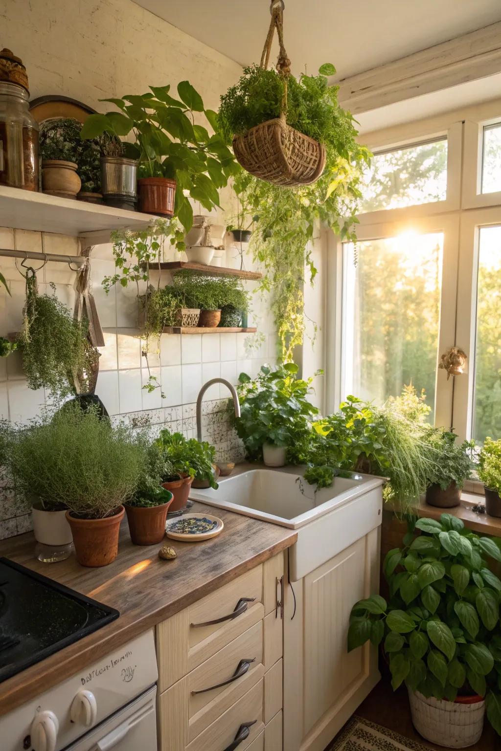 Introducing plants brings vibrancy and freshness to a small kitchen.