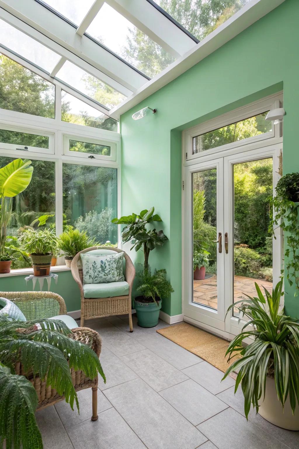 Mint green walls offering a refreshing and lively sunroom environment.