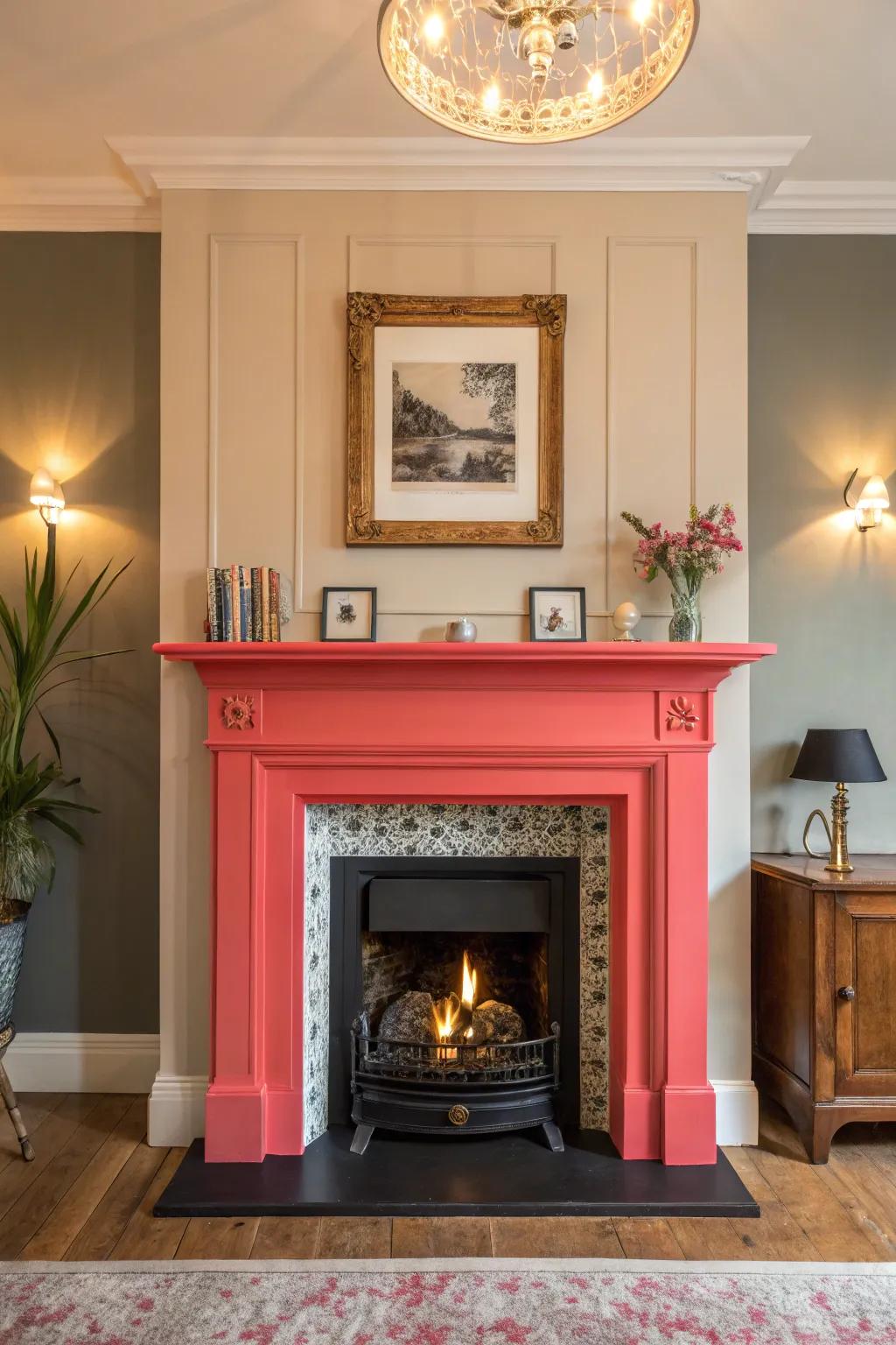 A striking chimney hue reshapes the room’s spatial dynamics.