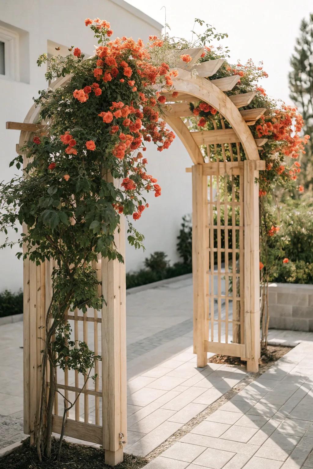 Step through a floral gateway into nature's embrace with this enchanting arched arbor adorned with trumpet vines.