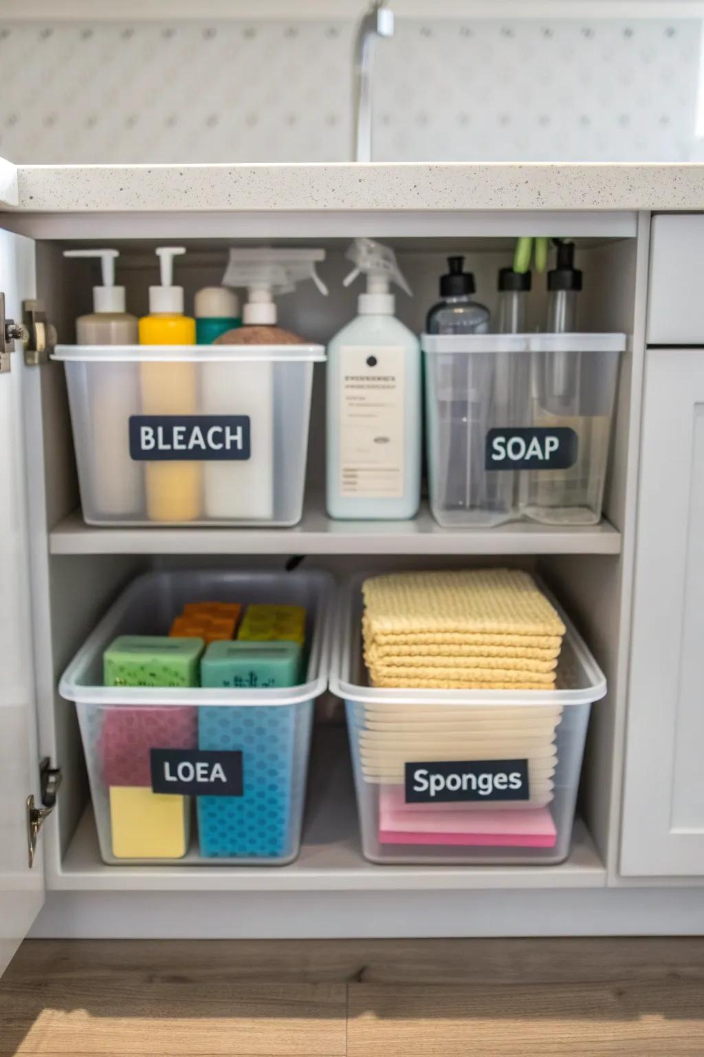 Categorizing items in bins makes organization intuitive and efficient.