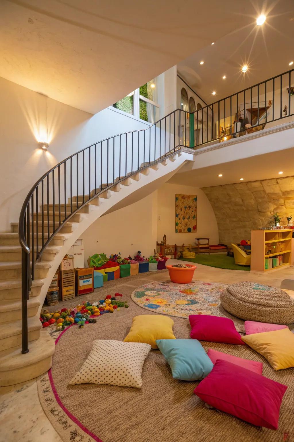 A whimsical play area for kids tucked under the stairs.