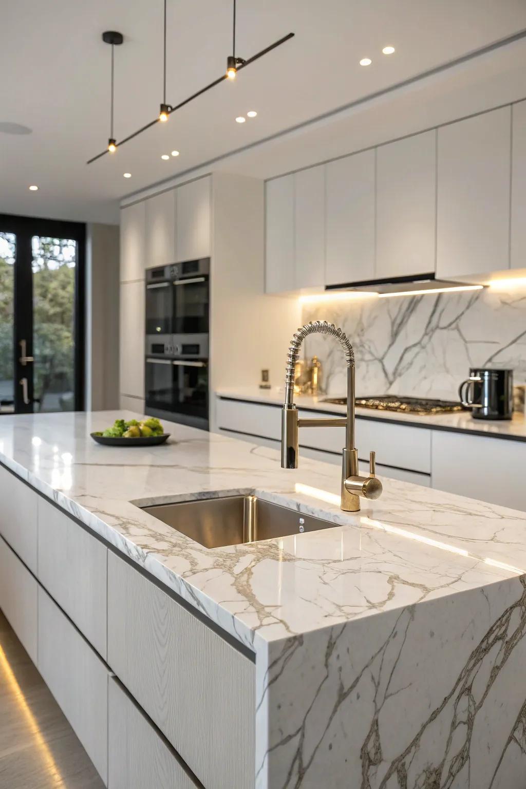 An undermount sink seamlessly integrated with a luxurious countertop.