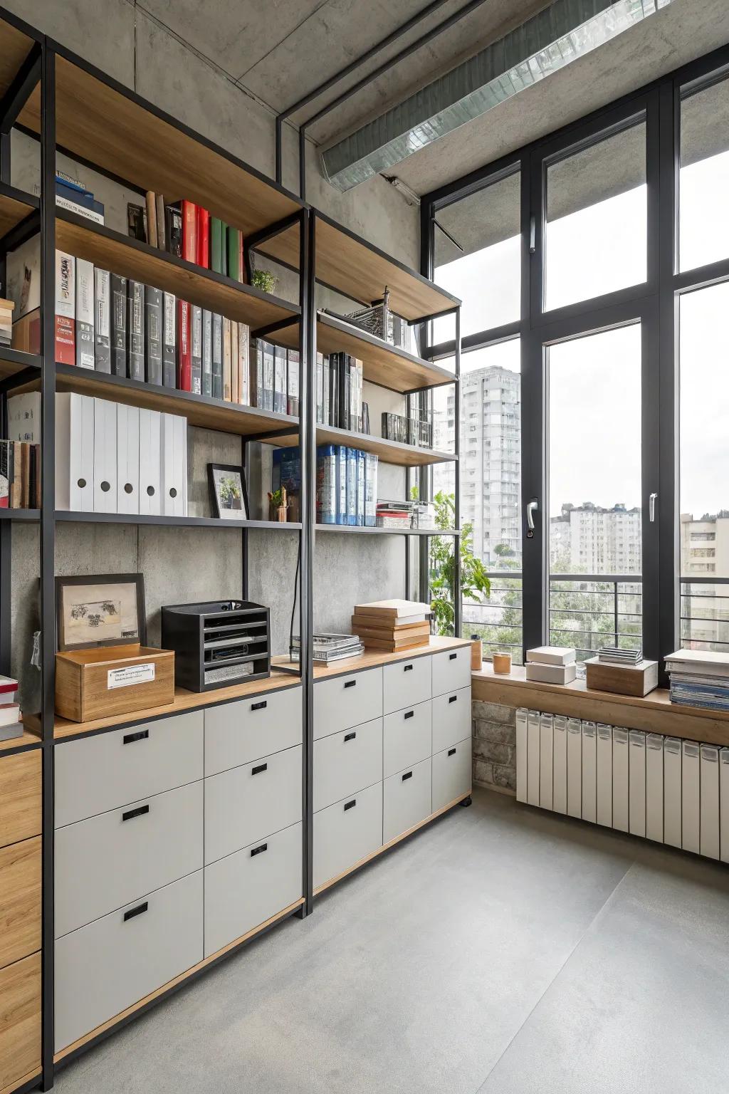 Efficient storage solutions maintain an organized workspace.