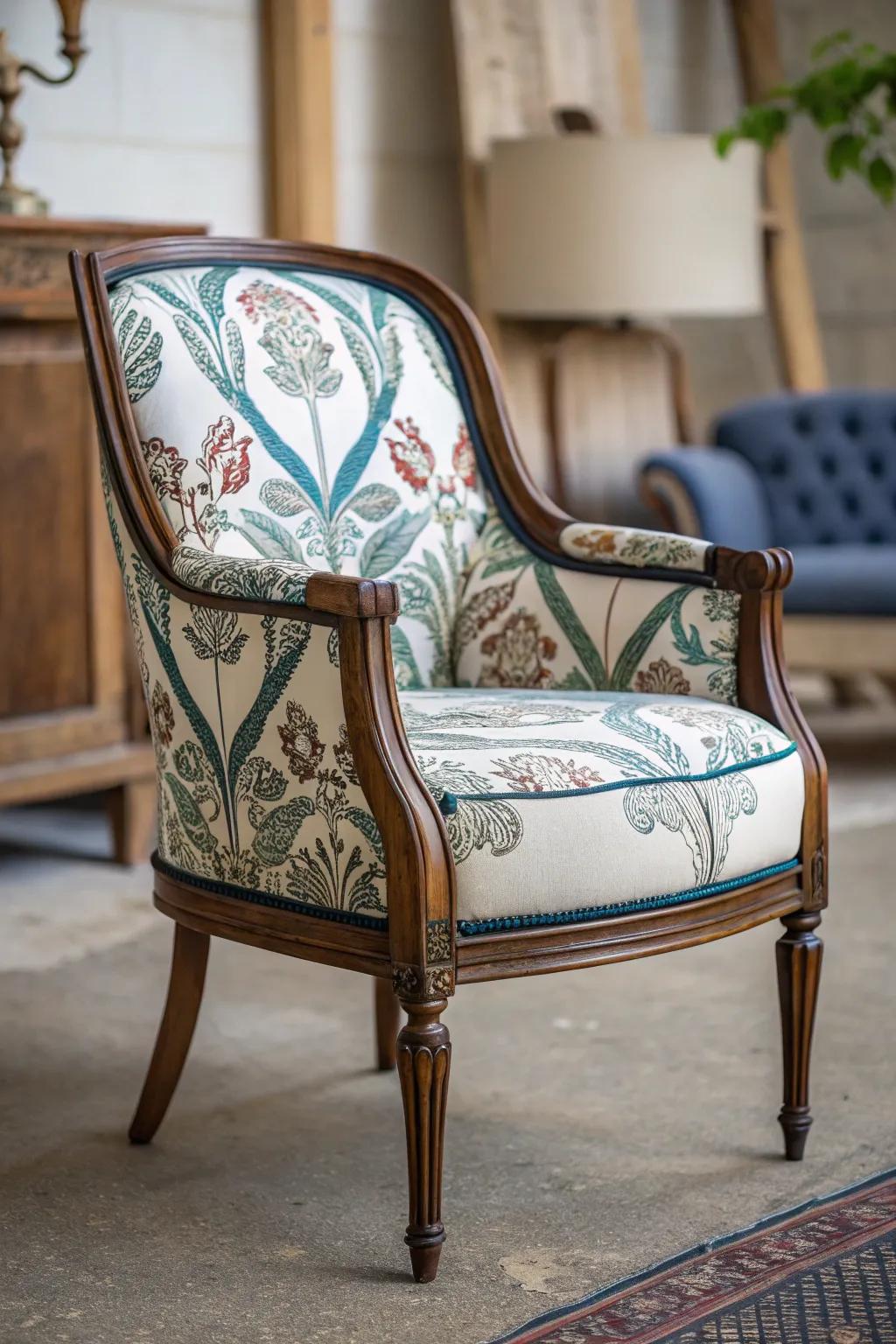 A vintage armchair is revitalized with new upholstery for a fresh look.