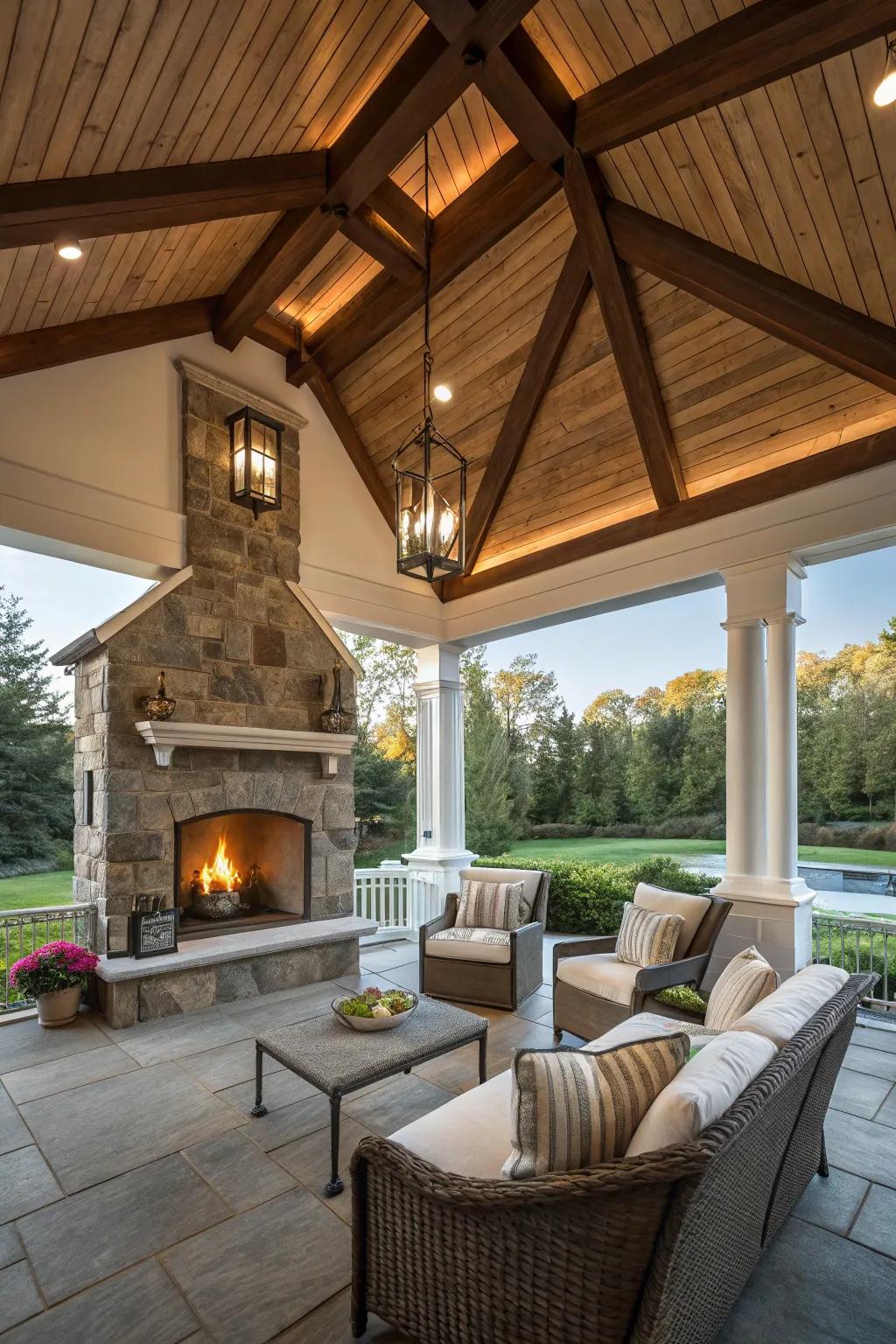 Warm up your porch with a cozy fireplace.