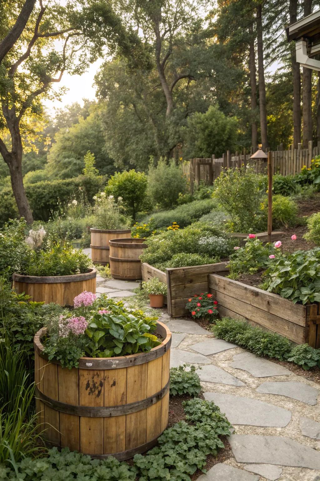 Country-inspired lumbered planters elevate the garden's earthy ambience.
