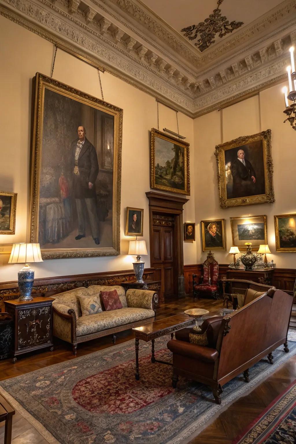 Classic portraits and paintings add a cultured charm to the living area.