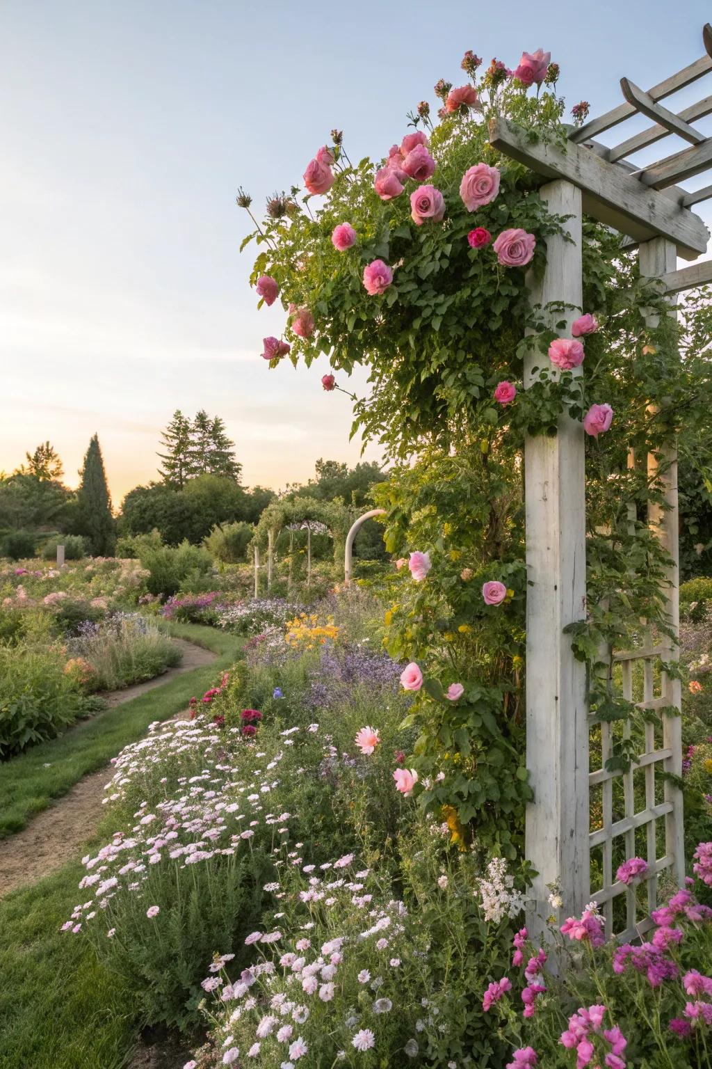 Lush plants and flowers enhance the vintage atmosphere.
