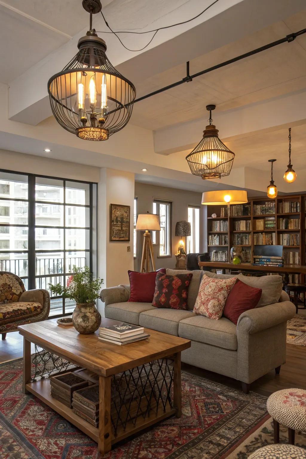 Illumination that unifies old and new styles enhances the room's vibe.