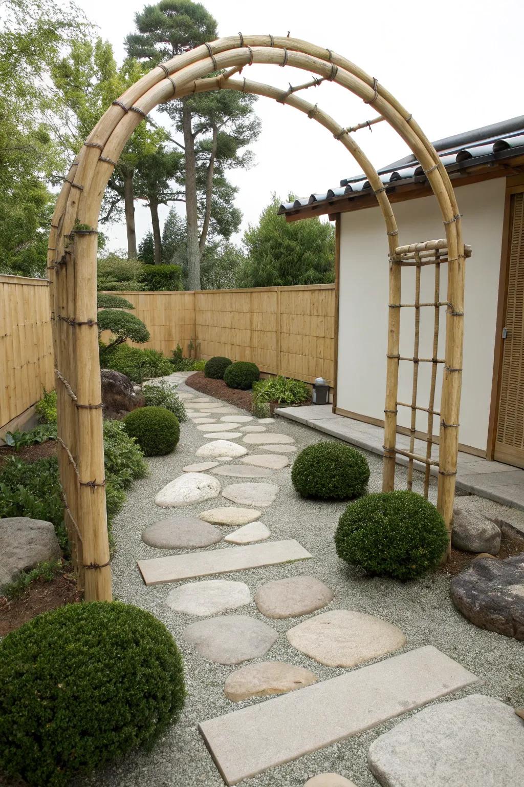 Bamboo arches infuse an exotic, zen-like quality into garden environments.
