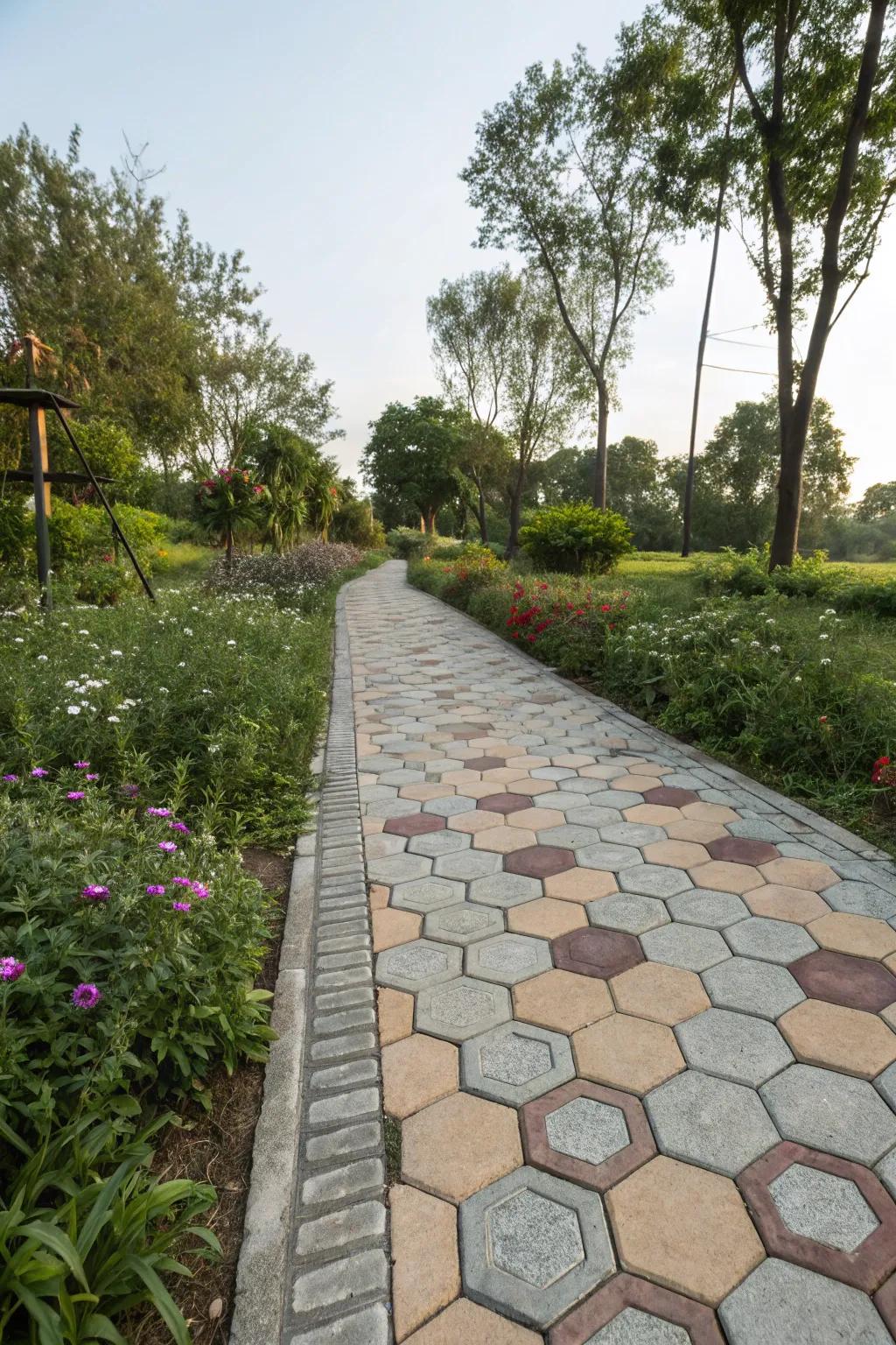 A modern walkway featuring geometric pavers that add a contemporary touch to the garden.