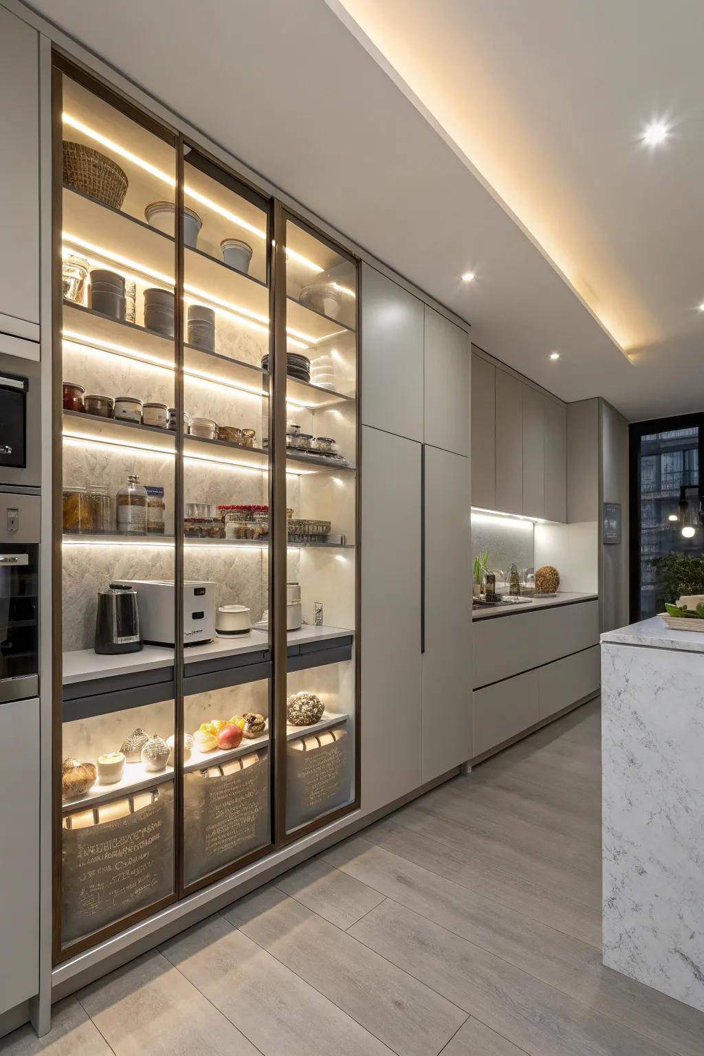 Built-in lighting crafting a modern pantry feel.