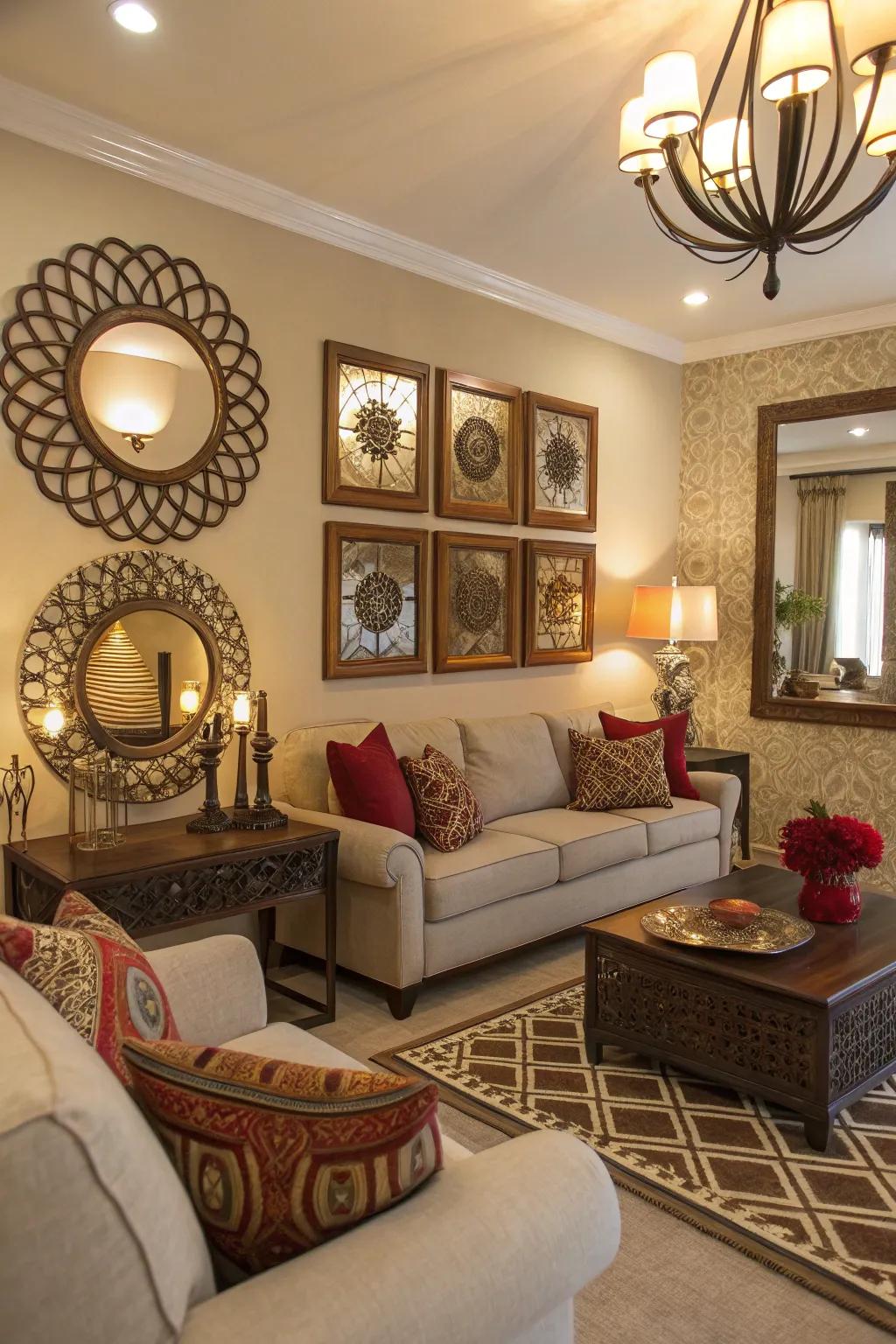 Space is enhanced by artwork and mirrors, which adds depth and character.