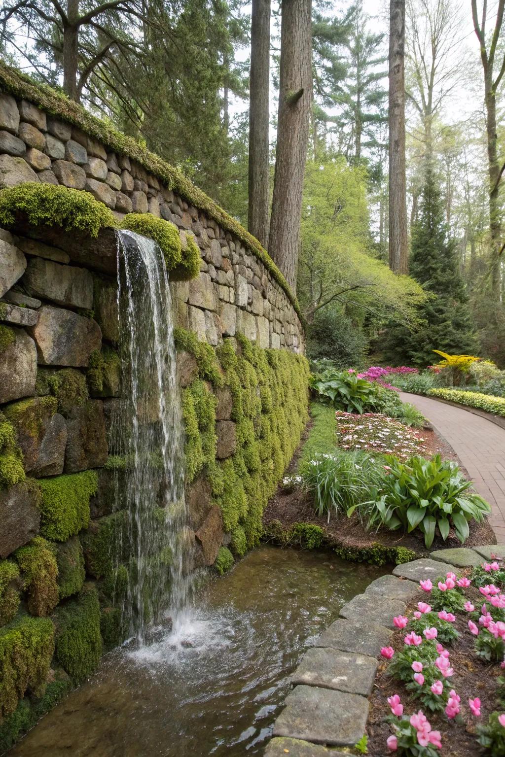 A striking garden cascade employing an ornamental stone partition as its key characteristic.
