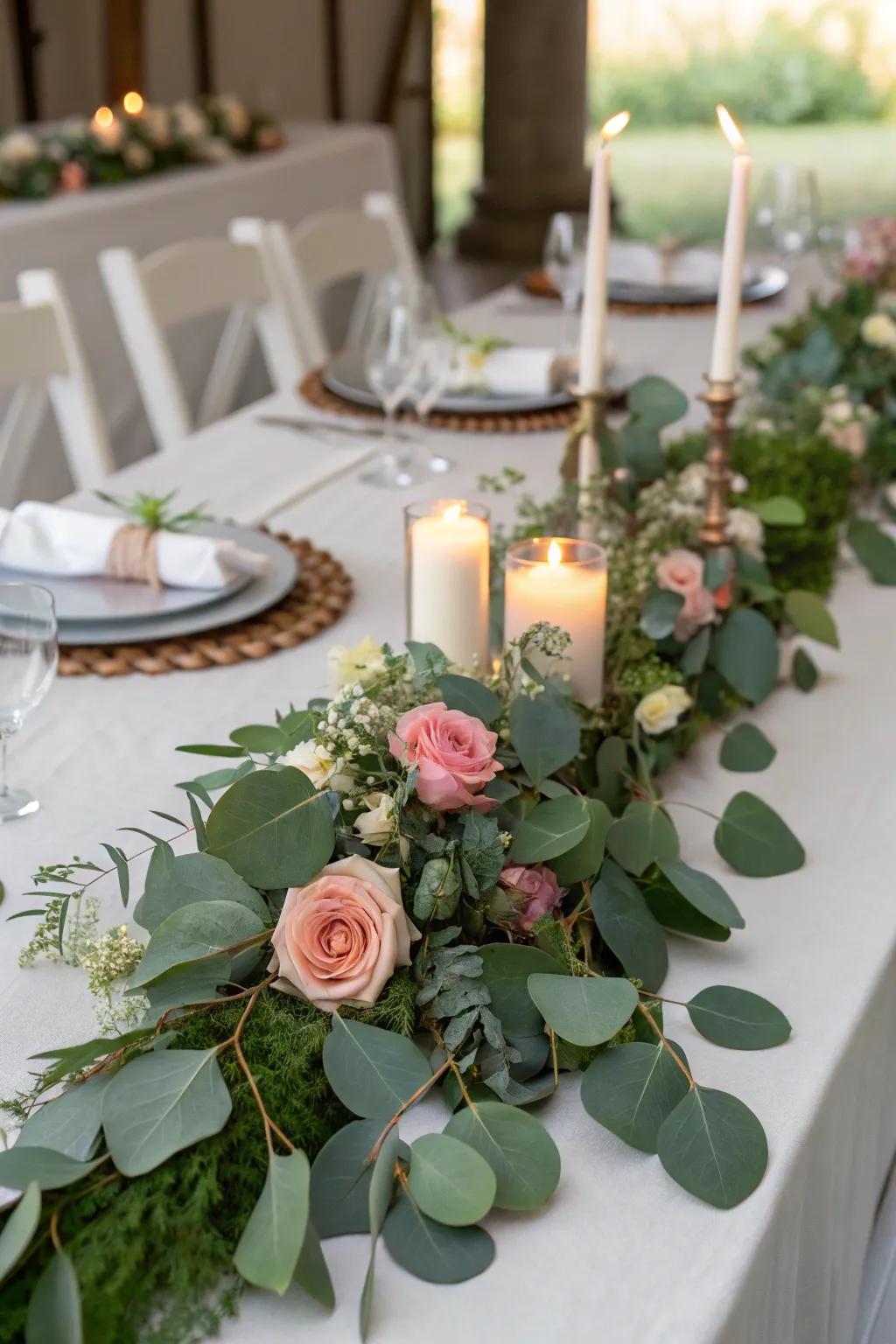 Abundant table runners showcasing eucalyptus and roses