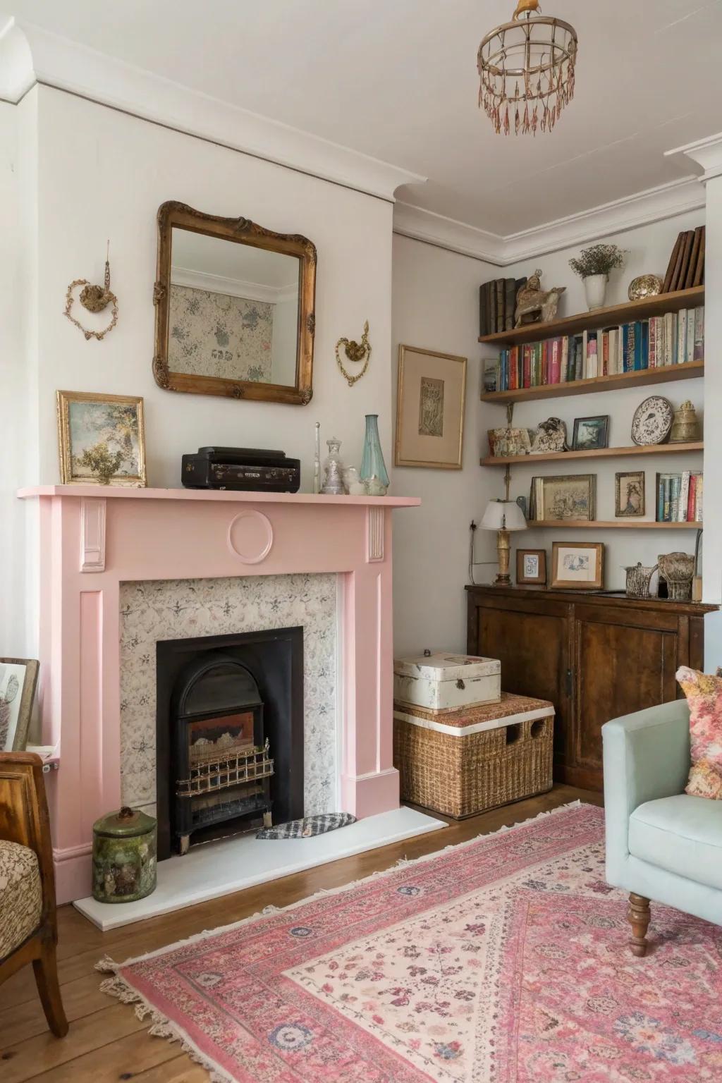 A pastel pink fireplace adds a whimsical touch to this eclectic living space.