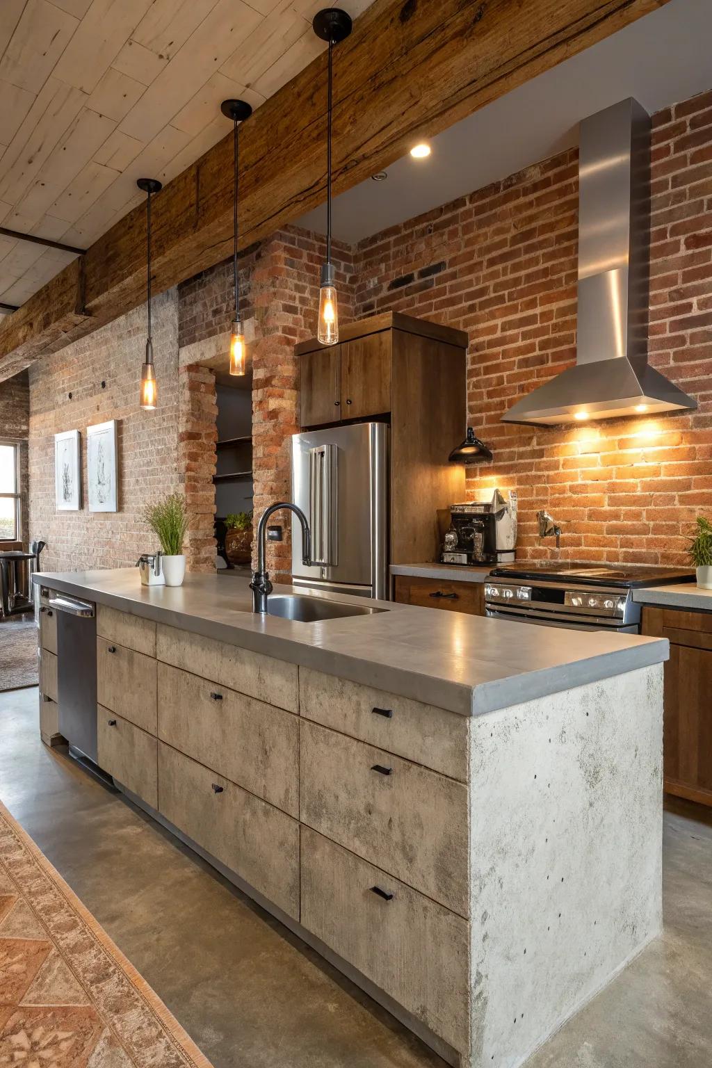 Concrete countertops offer industrial chic with customizable elegance.