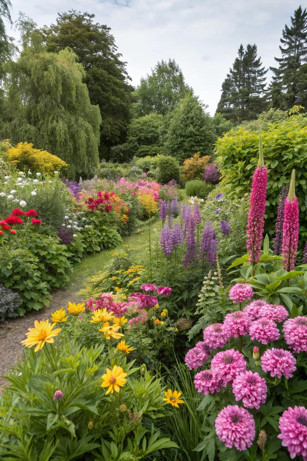 A garden abundant with kaleidoscopic flora evokes elation and vibrancy.